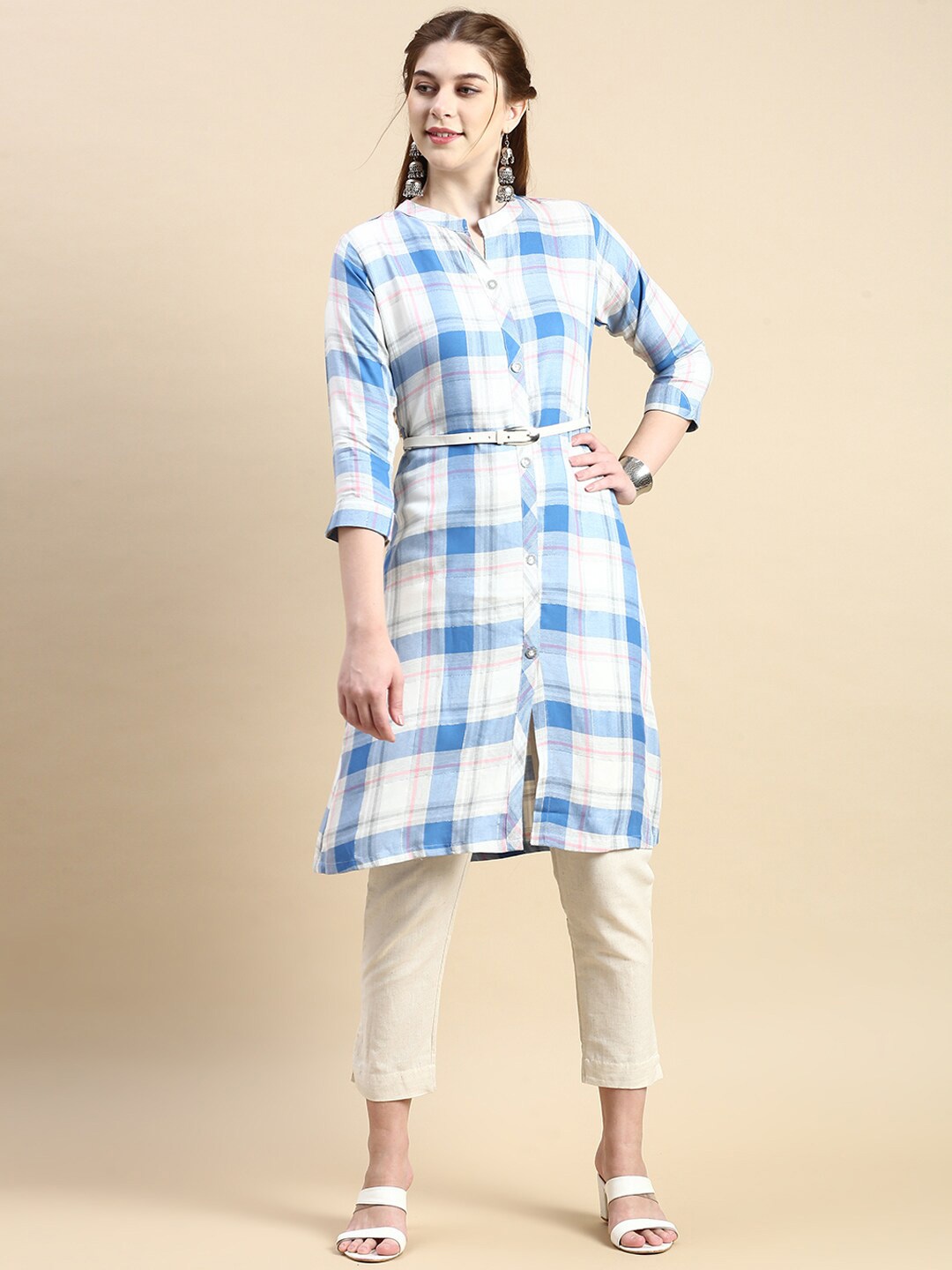 

GRANTH FASHION Checked Printed Mandarin Collar Shirt Dress, Blue