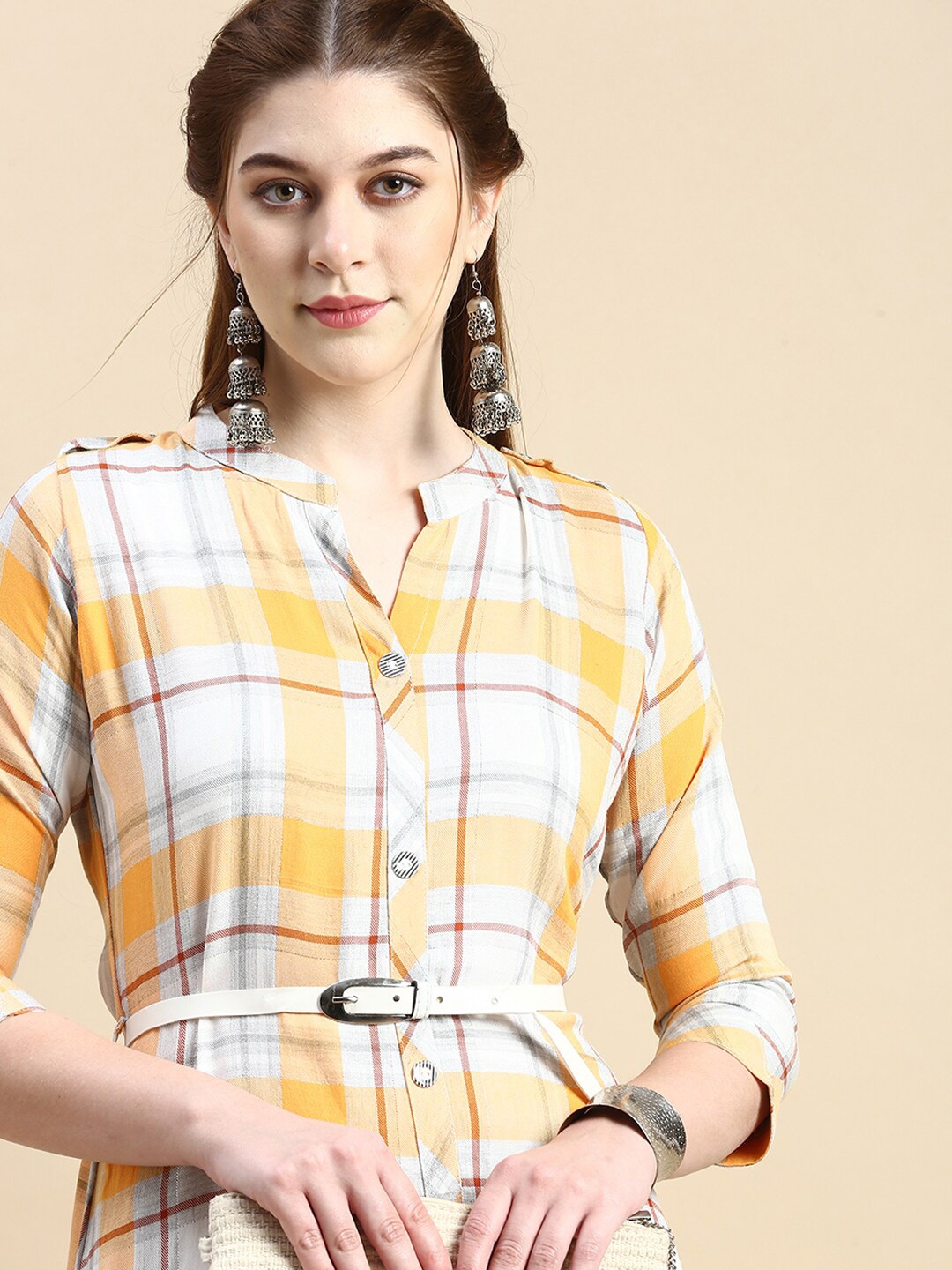 

GRANTH FASHION Checked Printed Mandarin Collar Shirt Dress, Orange
