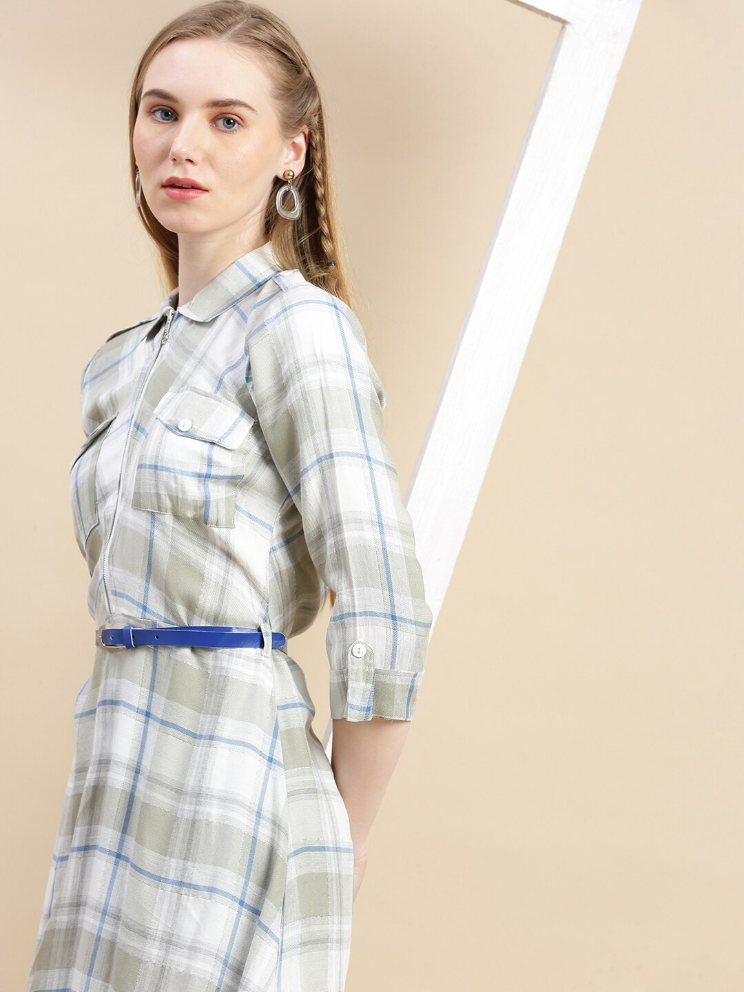 

GRANTH FASHION Checked Printed Shirt Collar A-Line Dress, Brown
