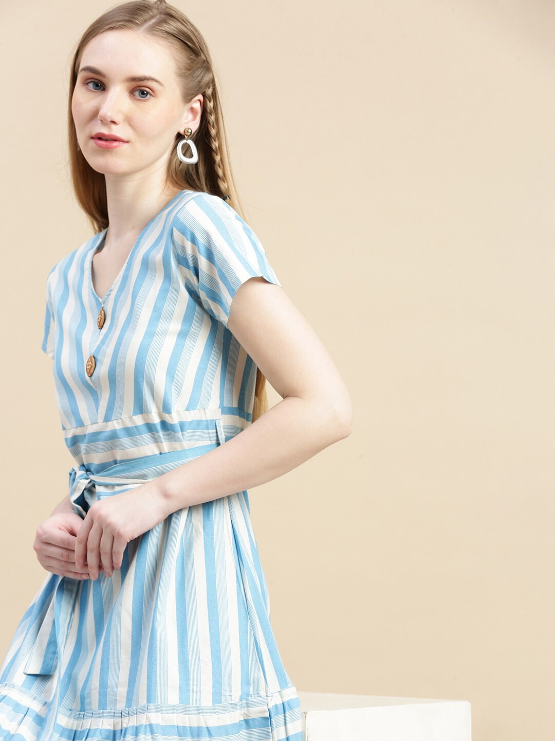 

GRANTH FASHION Striped Printed Gathered Fit and Flare Dress, Blue