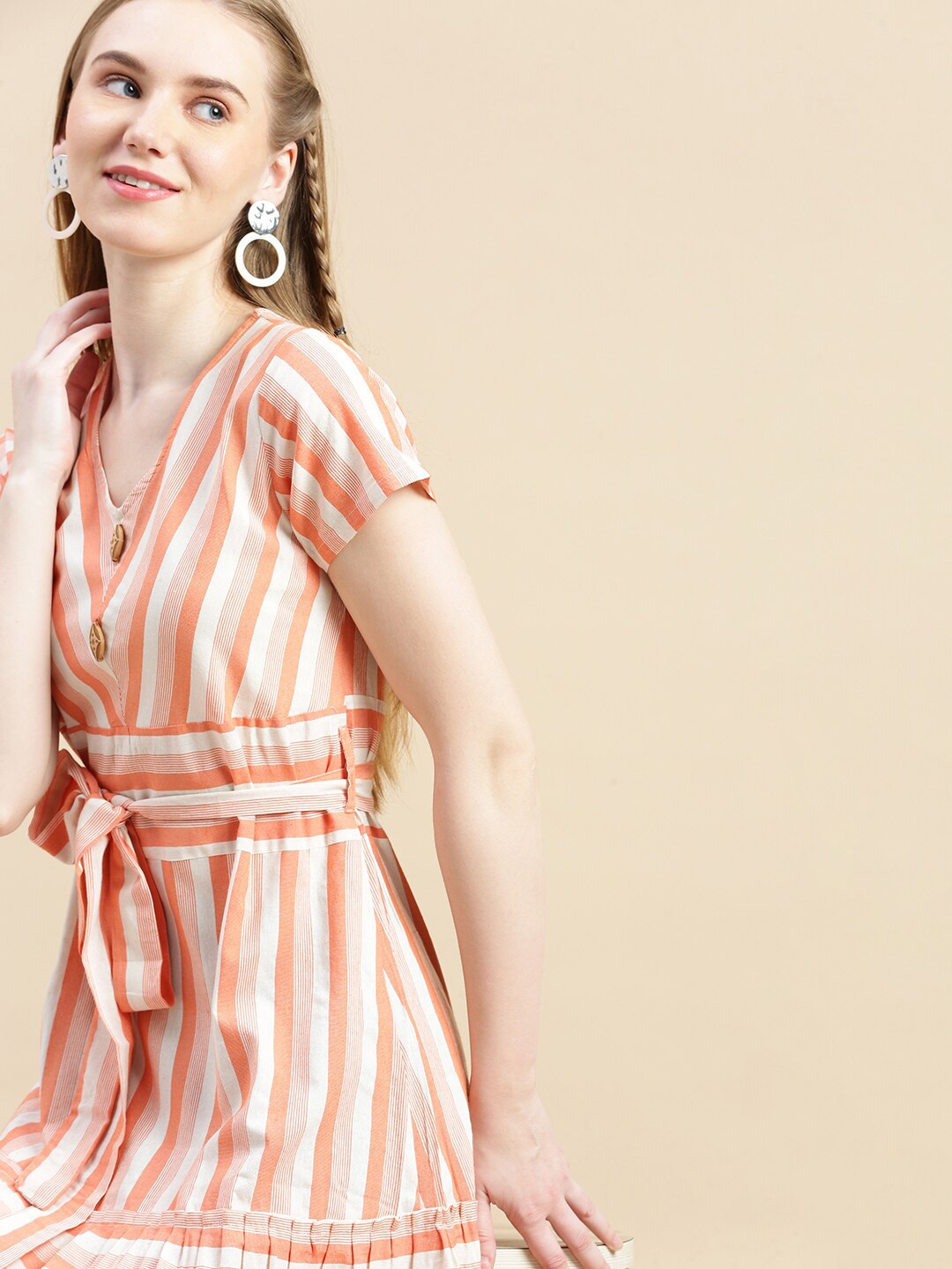 

GRANTH FASHION Striped Printed Gathered A-Line Dress, Orange