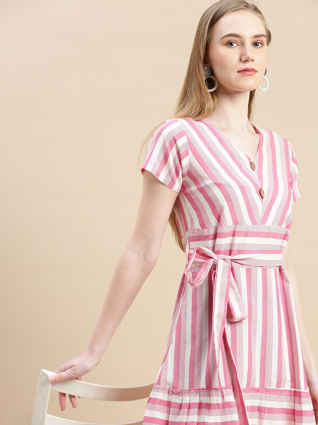 

GRANTH FASHION Striped Printed Gathered A-Line Dress, Pink