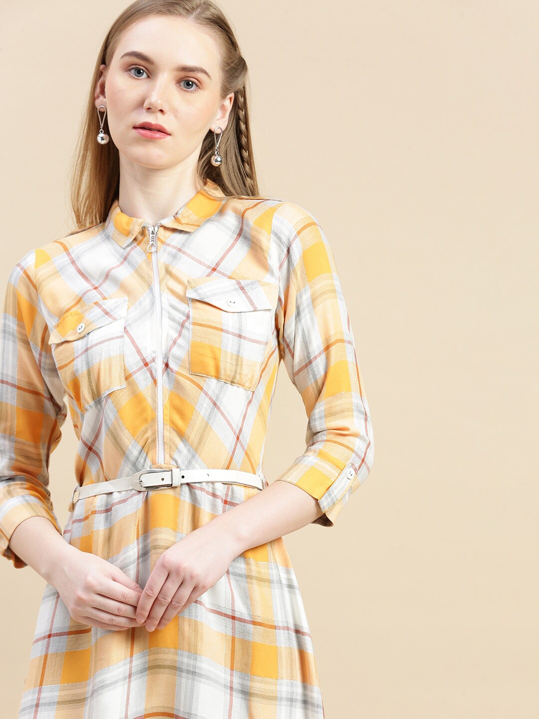 

GRANTH FASHION Checked Shirt Collar Fit & Flare Dress, Orange