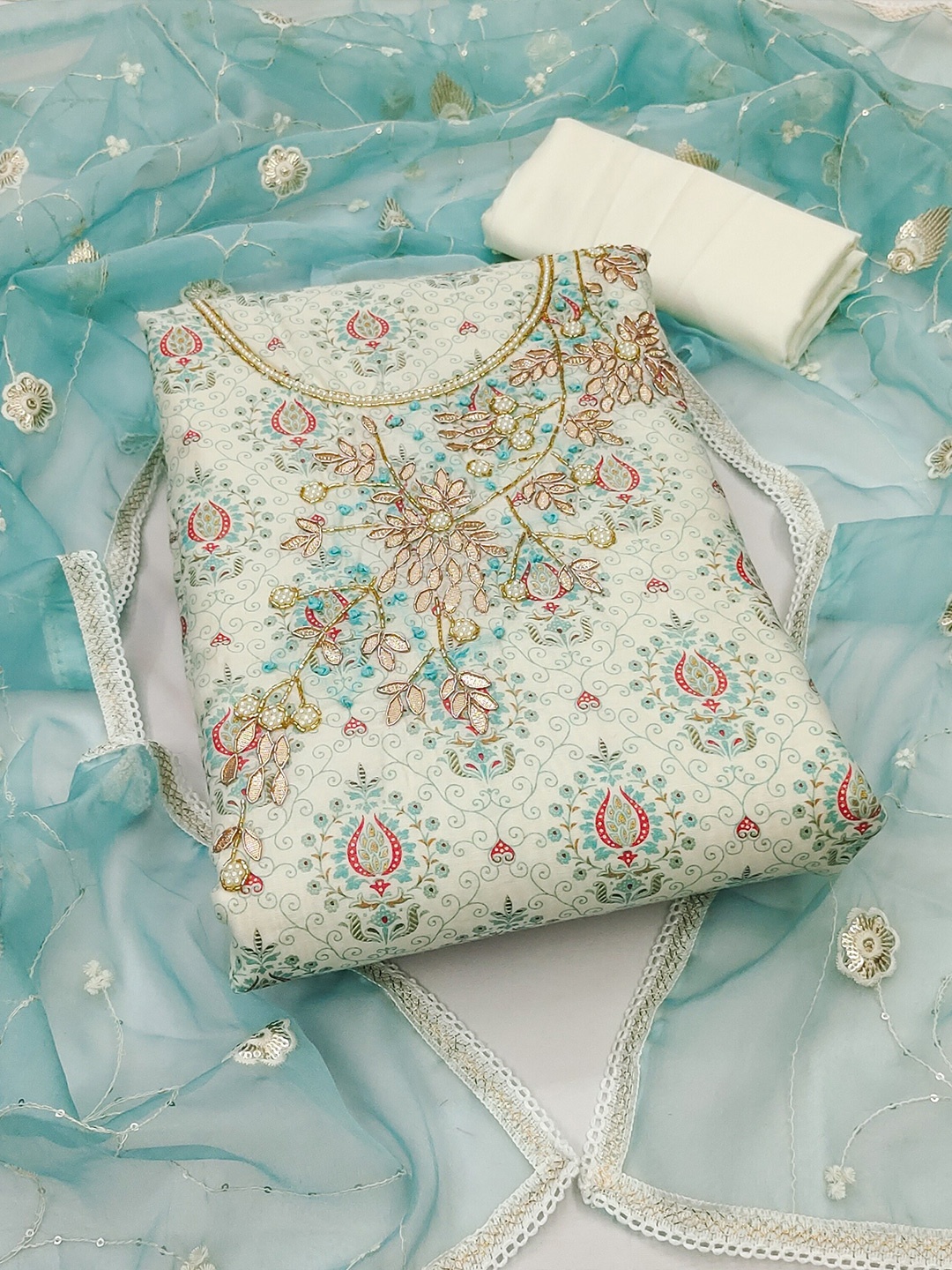 

MAHALASA Embroidered Unstitched Dress Material, Turquoise blue