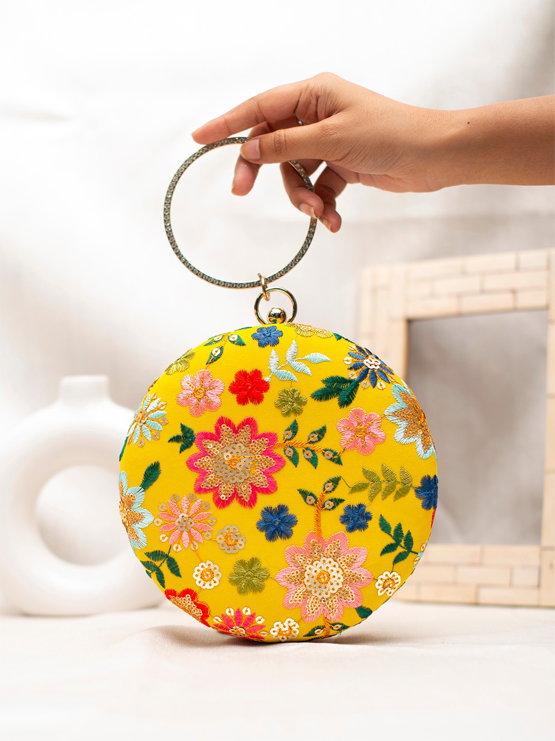 

ARTKLIM Embroidered Box Clutch, Mustard