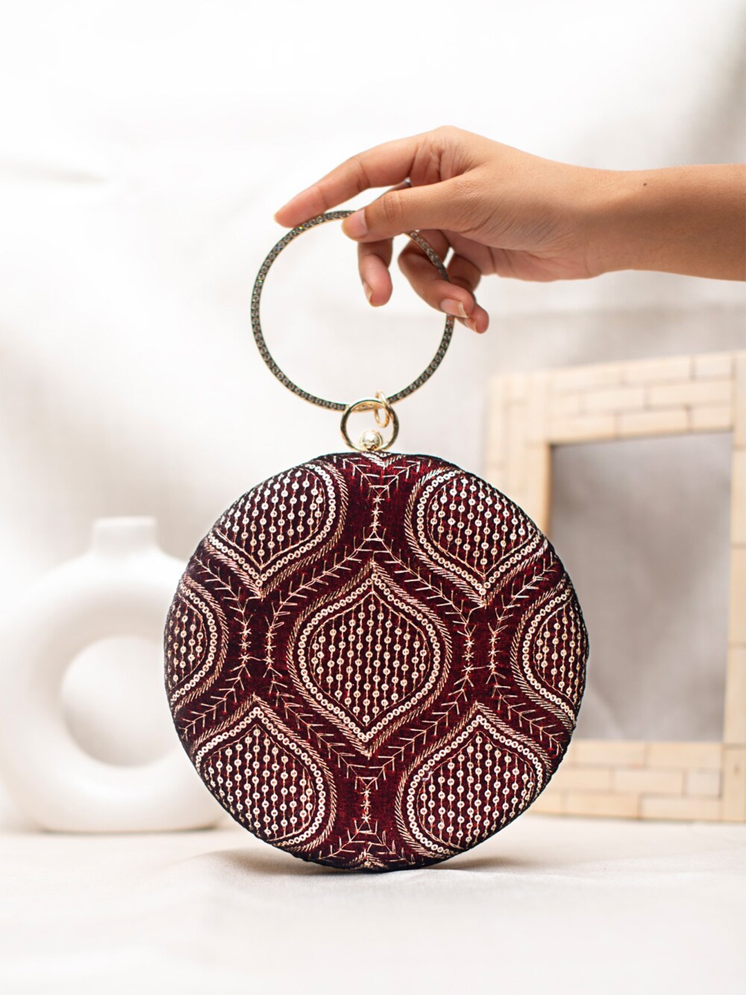 

ARTKLIM Embroidered Box Clutch, Maroon