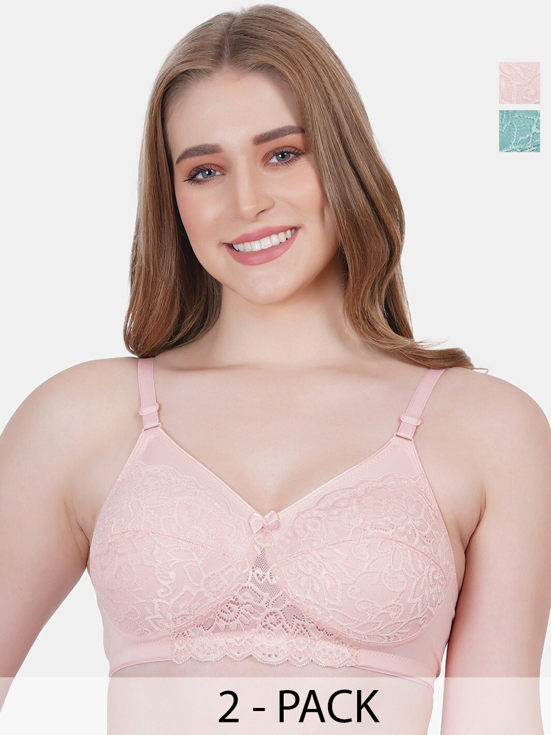 

Reveira Pack Of 2 Floral Lace Medium Coverage Everyday Bra With All Day Comfort, Peach