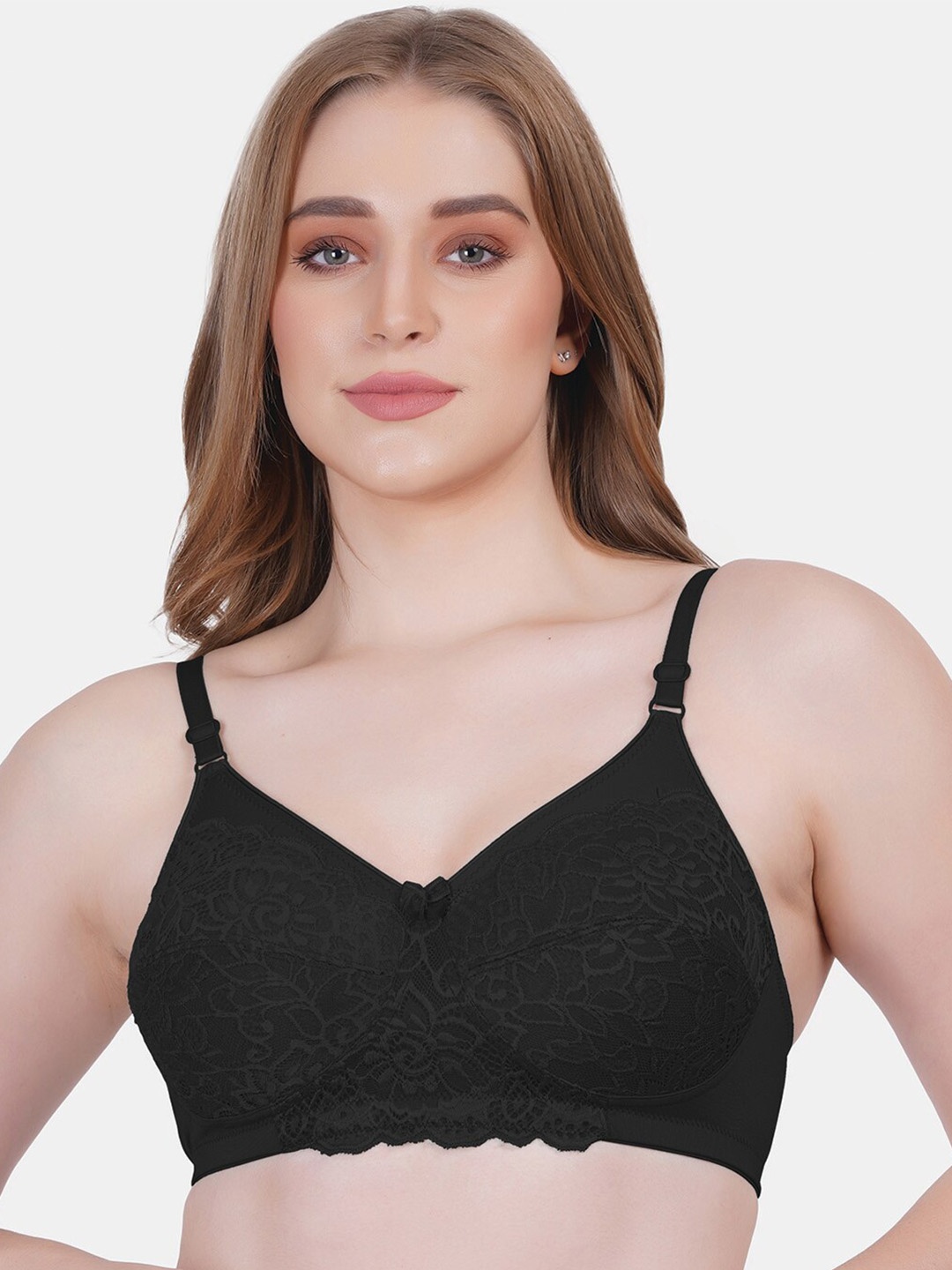 

Reveira Floral Lace Medium Coverage Everyday Bra With All Day Comfort, Black