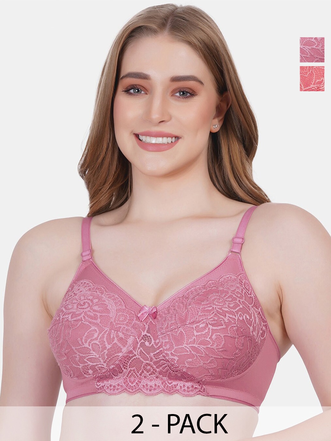 

Reveira Pack Of 2 Floral Lace Medium Coverage Everyday Bra With All Day Comfort, Pink