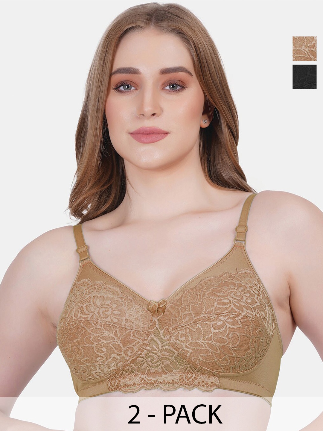 

Reveira Pack Of 2 Floral Lace Medium Coverage Everyday Bra With All Day Comfort, Nude