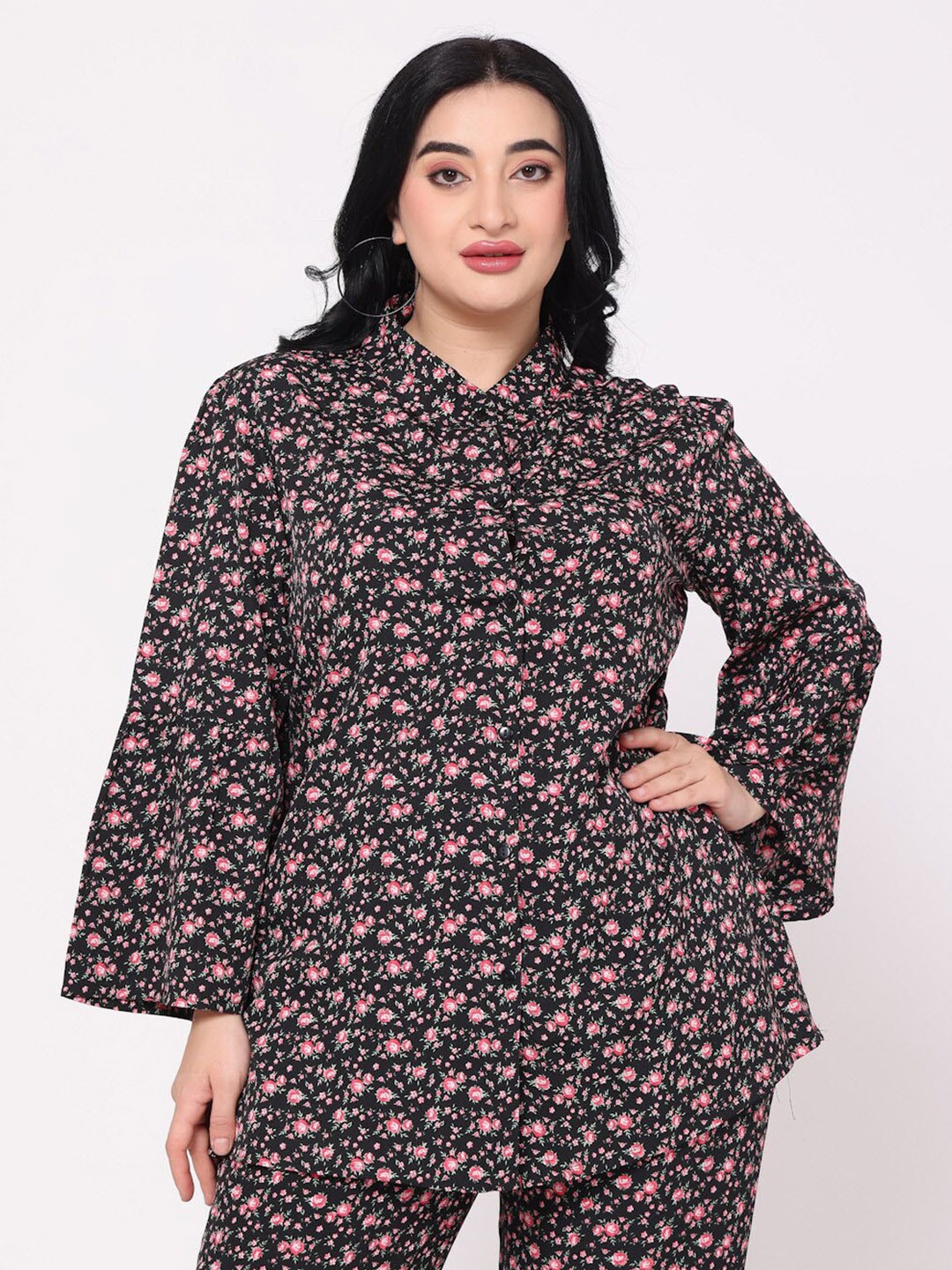 

TSM Floral Printed Flared Sleeves Shirt Style Top, Black