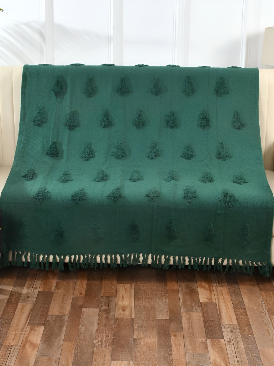

SASHAA WORLD Green Self-Design Cotton Fringed Throw