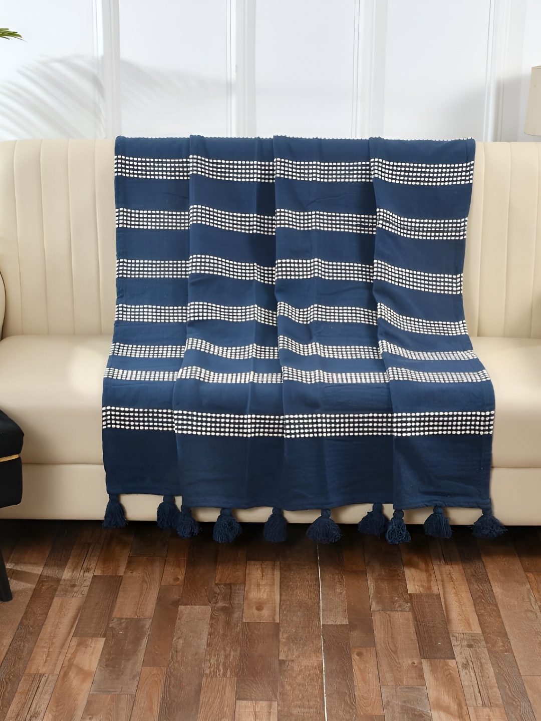 

SASHAA WORLD Blue Striped Pure Cotton Throws Blanket