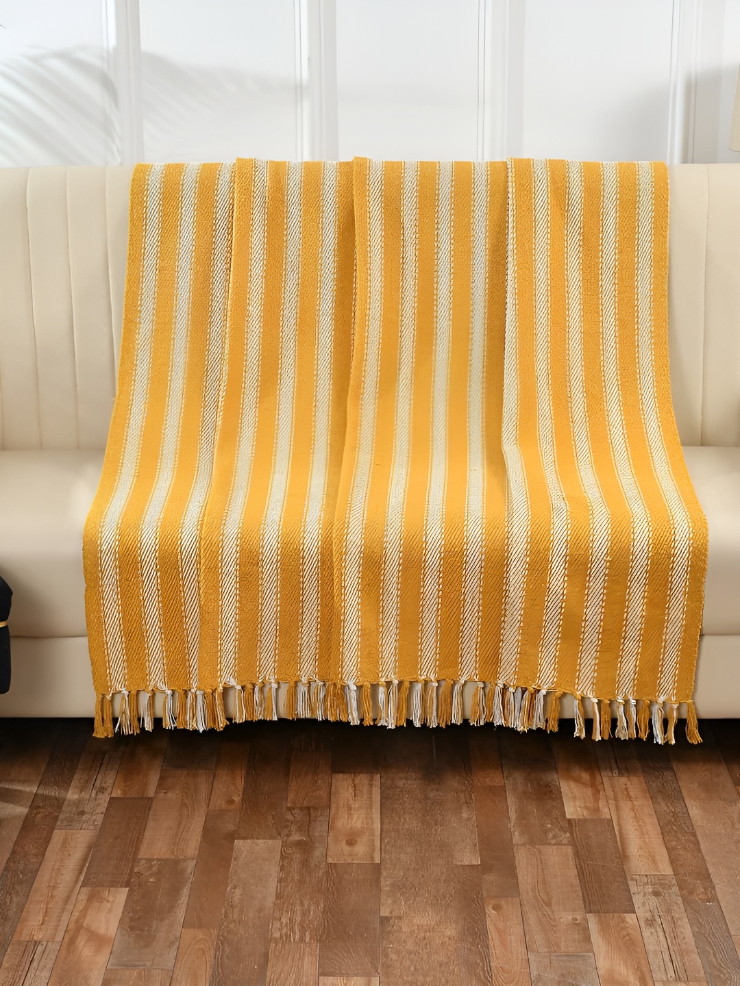 

SASHAA WORLD Yellow Striped Cotton Fringed Throw