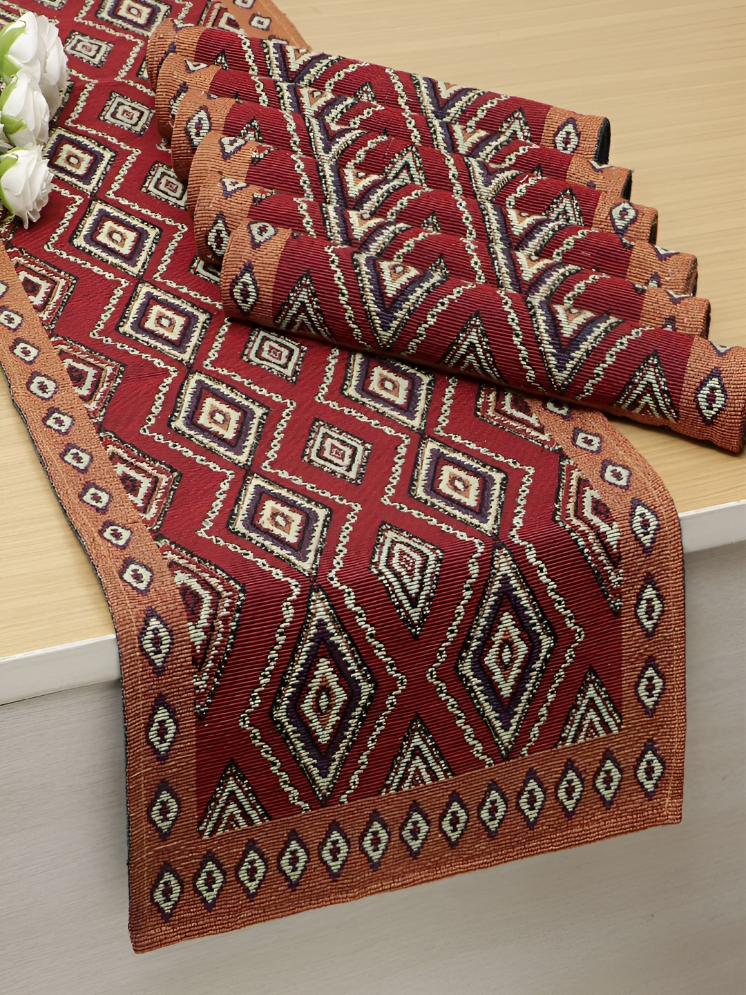 

HOKIPO 7 Pieces Red & Brown Geometric Cotton Table Placemats With Runner