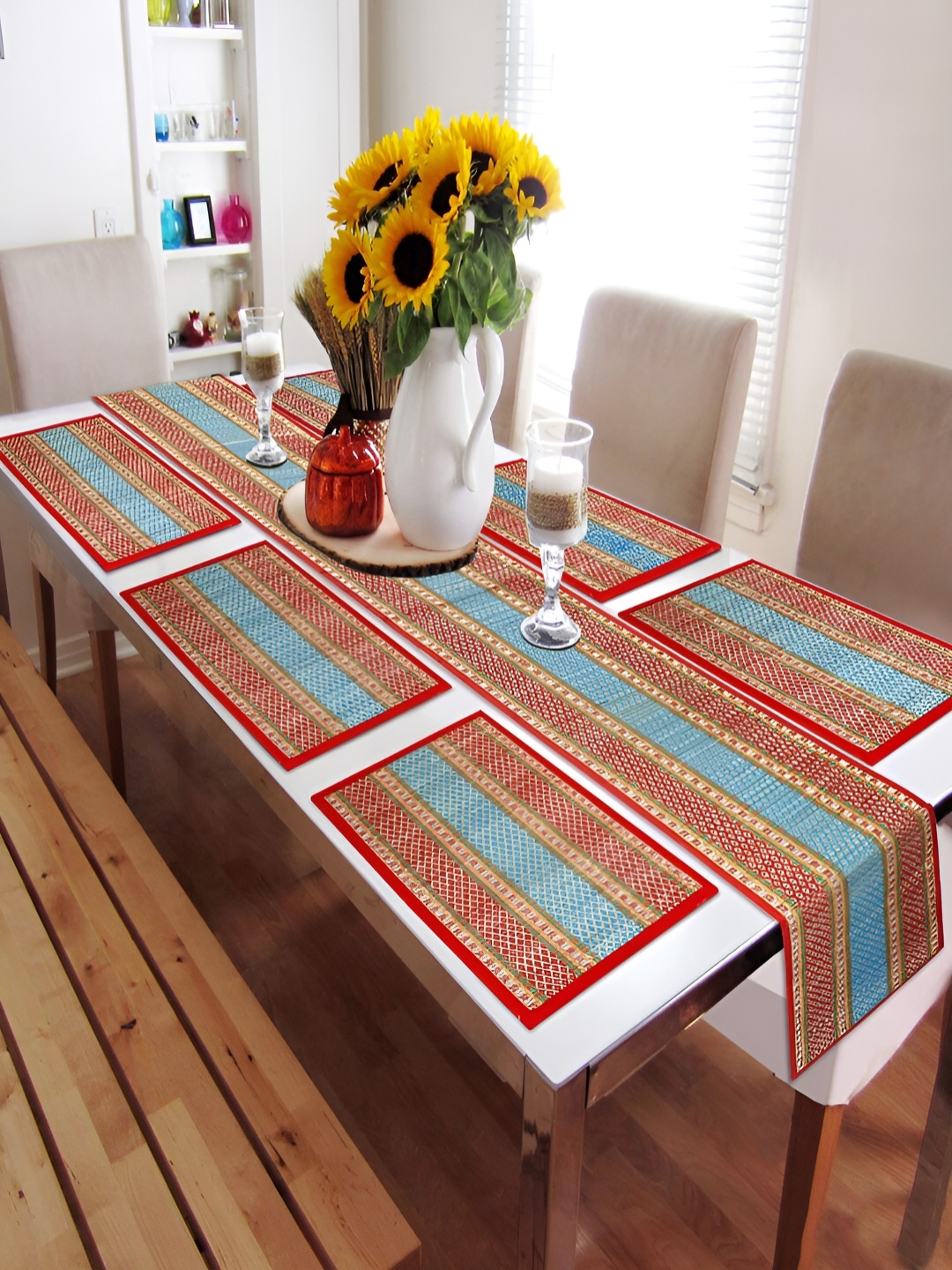 

HOKIPO Madurkathi 7 Pieces Red & Blue Geometric Pattern Table Placemats & Runner