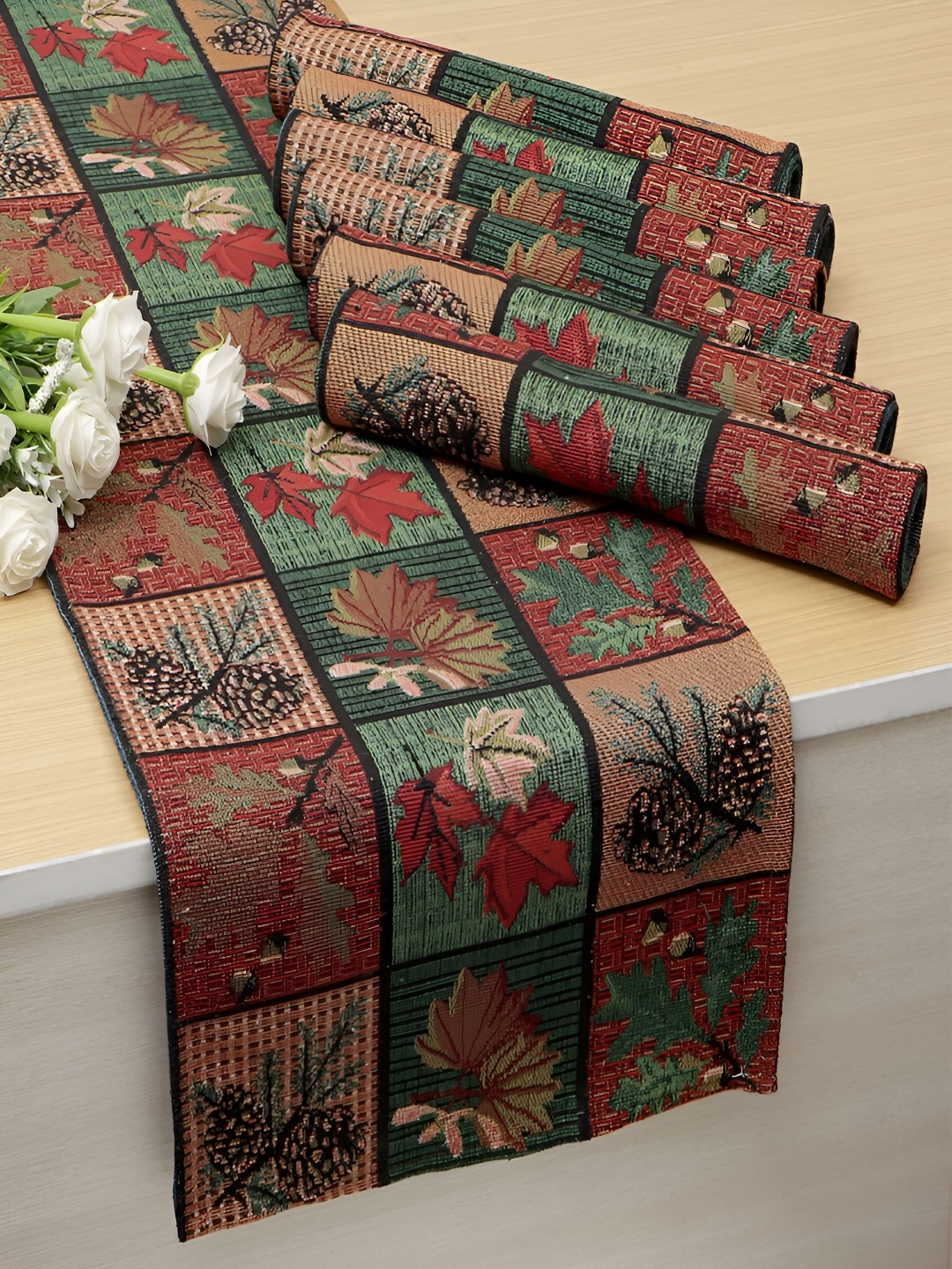 

HOKIPO 7 Pieces Green & Brown Floral Cotton Table Placemats With Runner