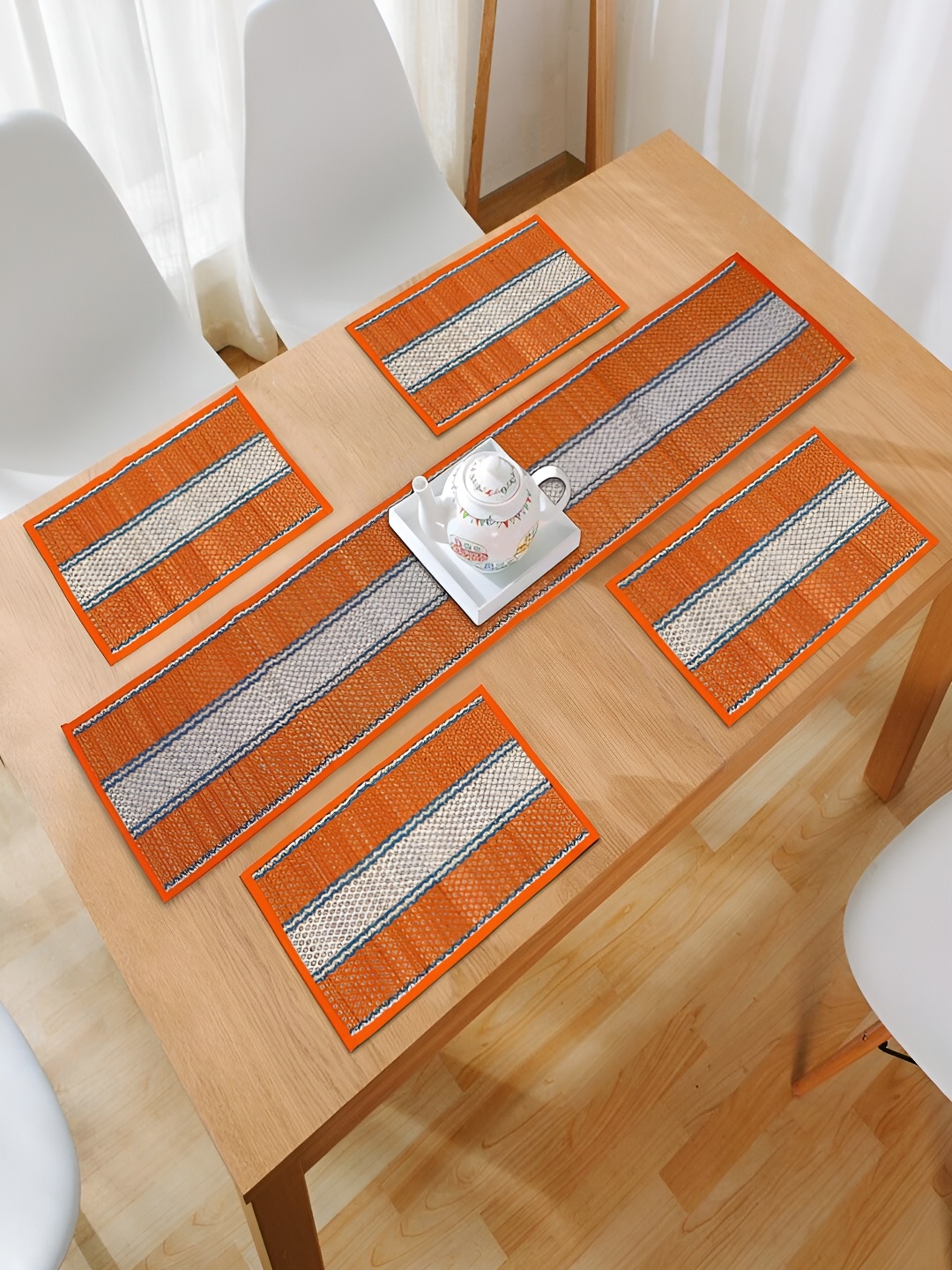 

HOKIPO 5 Pieces Orange-Coloured Printed Table Placemats & Runner