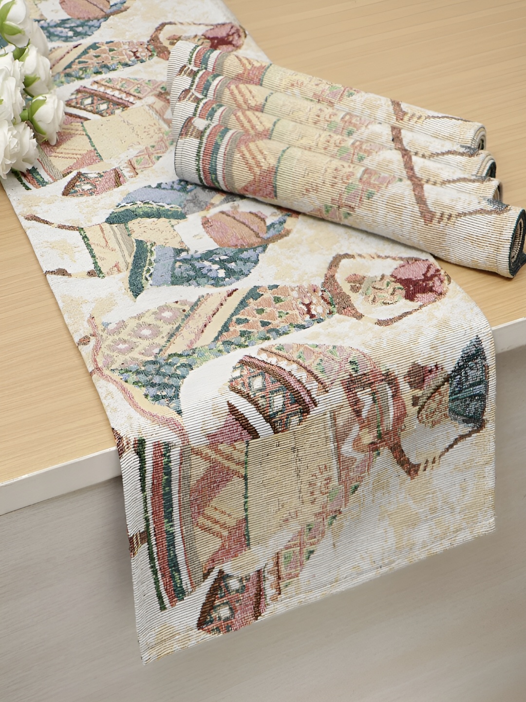 

HOKIPO 5 Pieces White & Brown Printed Cotton Table Placemats With Runner
