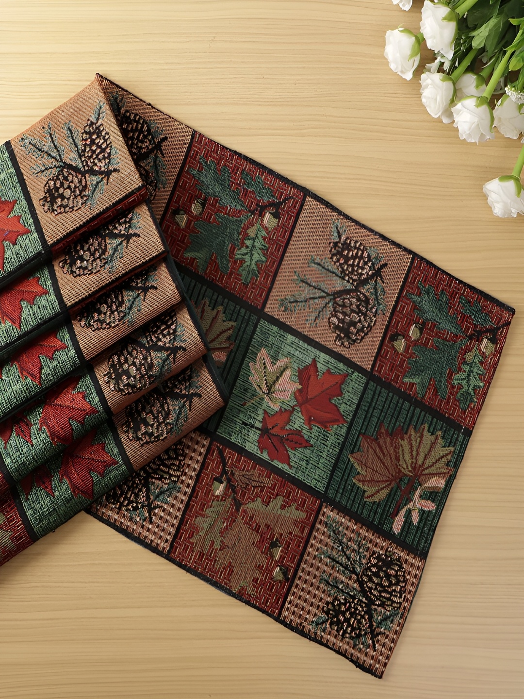 

HOKIPO 6 Pieces Green & Brown Floral Cotton Table Placemats