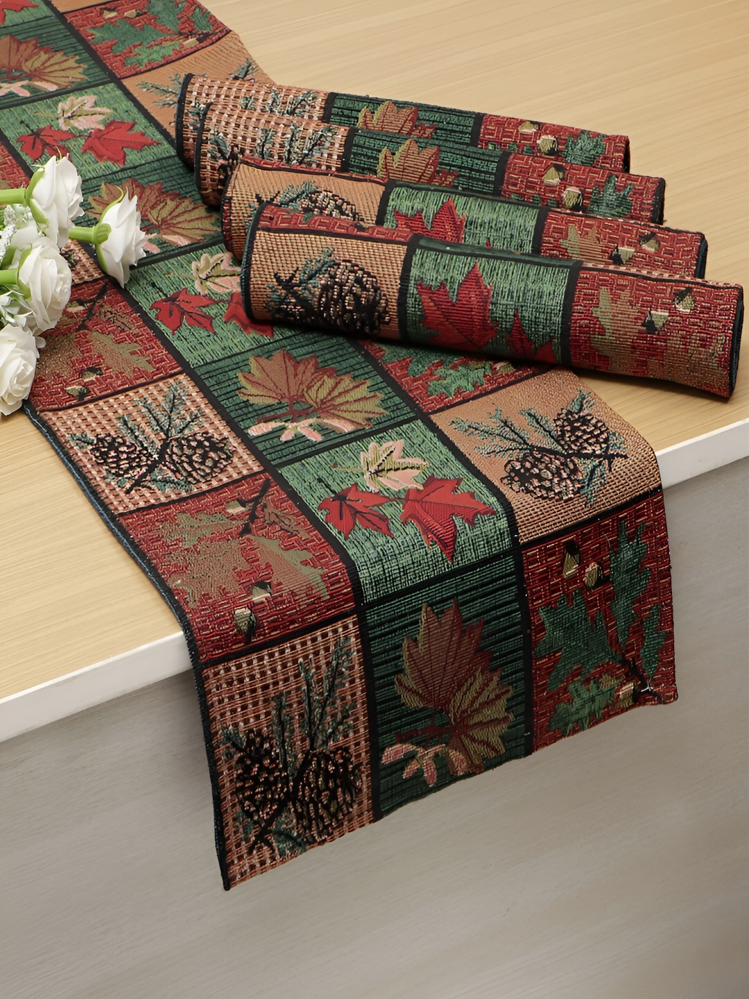 

HOKIPO 5 Pieces Green & Brown Floral Cotton Table Placemats With Runner