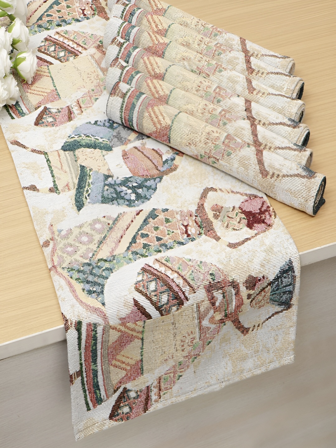 

HOKIPO 7 Pieces Multicolor Tribal Women Printed Cotton Table Placemats With Runner, Beige
