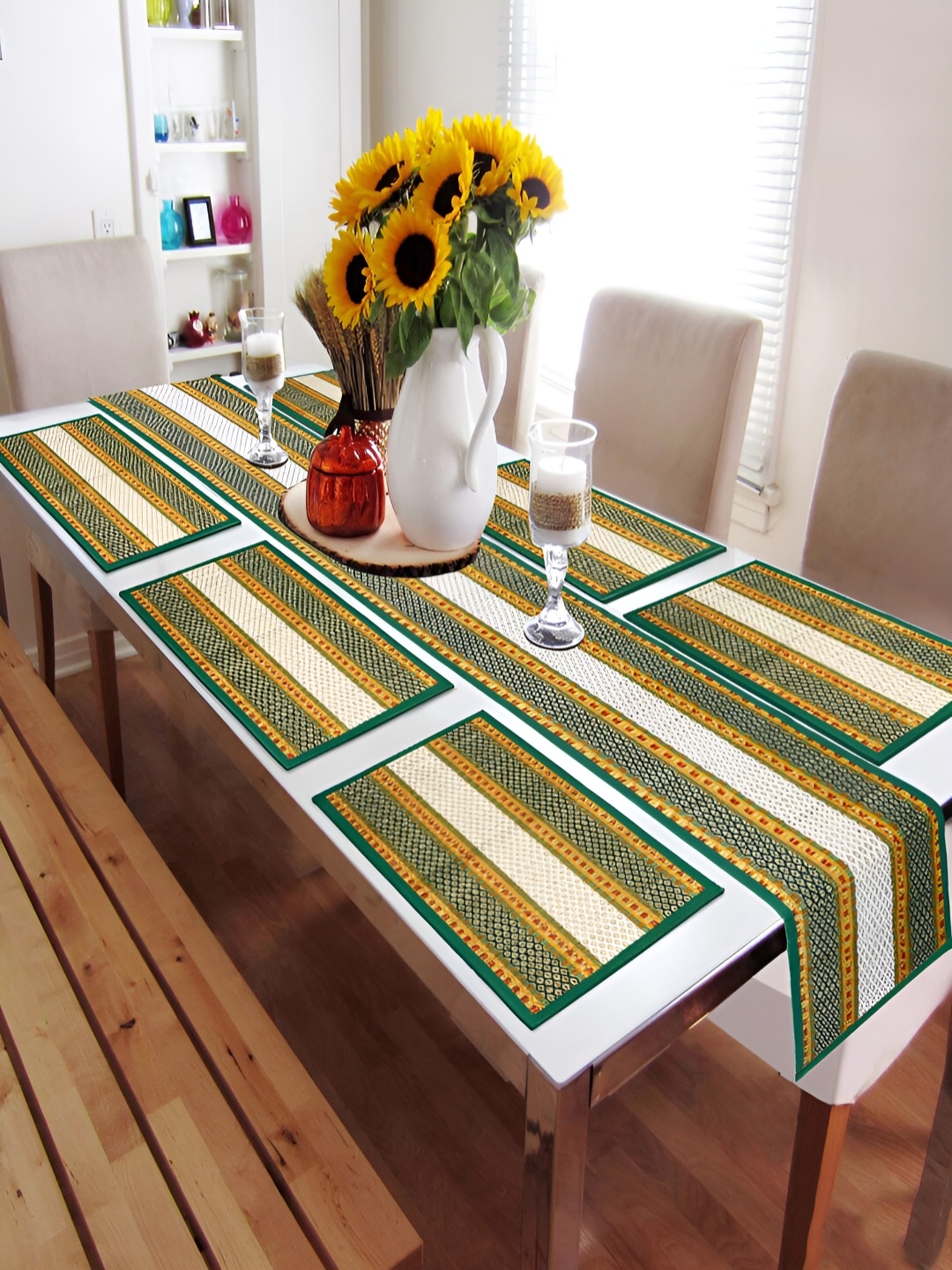 

HOKIPO Madurkathi 7 Pieces Yellow & Green Geometric Table Placemats & Runner