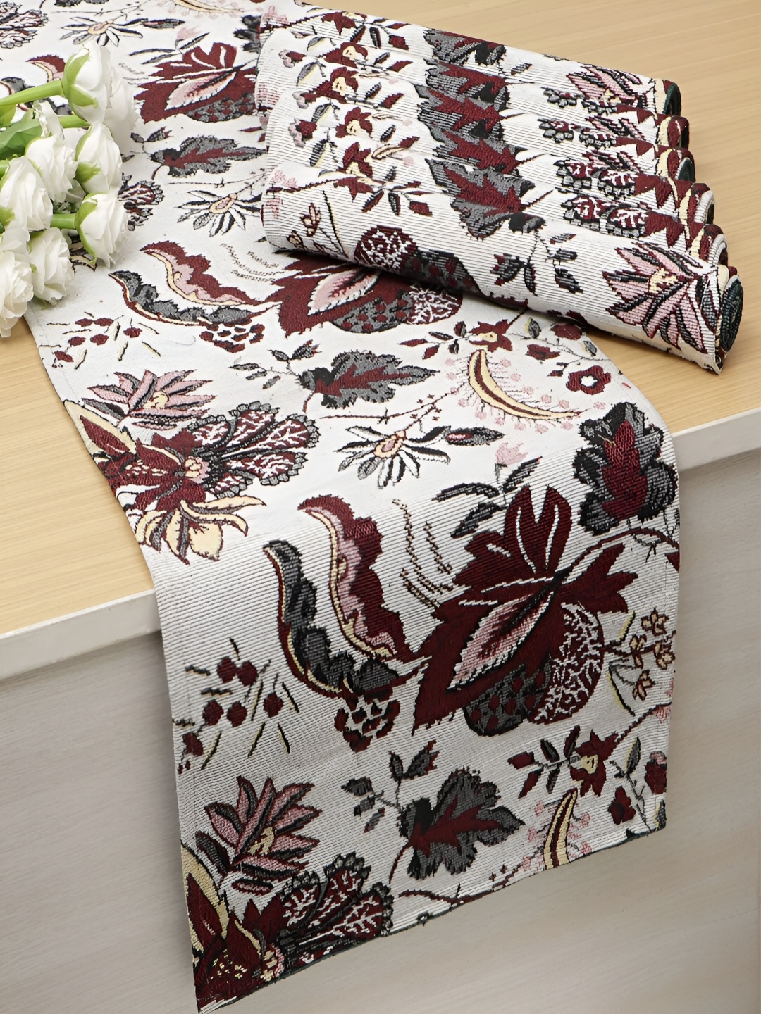 

HOKIPO 7 Pieces White & Red Floral Cotton Table Placemats With Runner