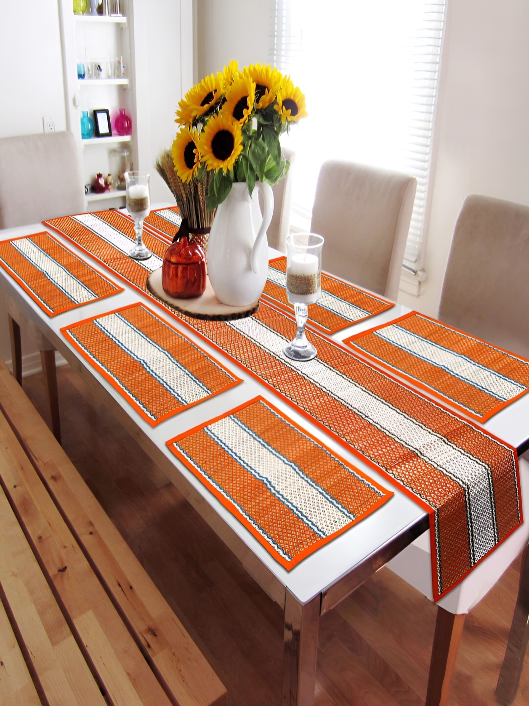 

HOKIPO Madurkathi 7 Pieces Orange-Coloured & Beige Geometric Table Placemats & Runner