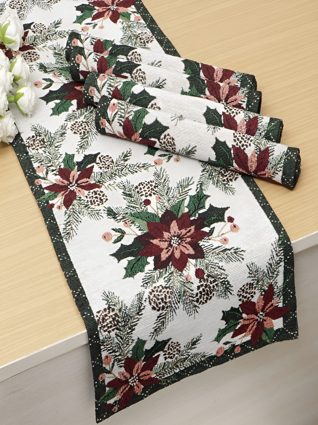 

HOKIPO 5 Pieces White Floral Cotton Table Placemats With Runner