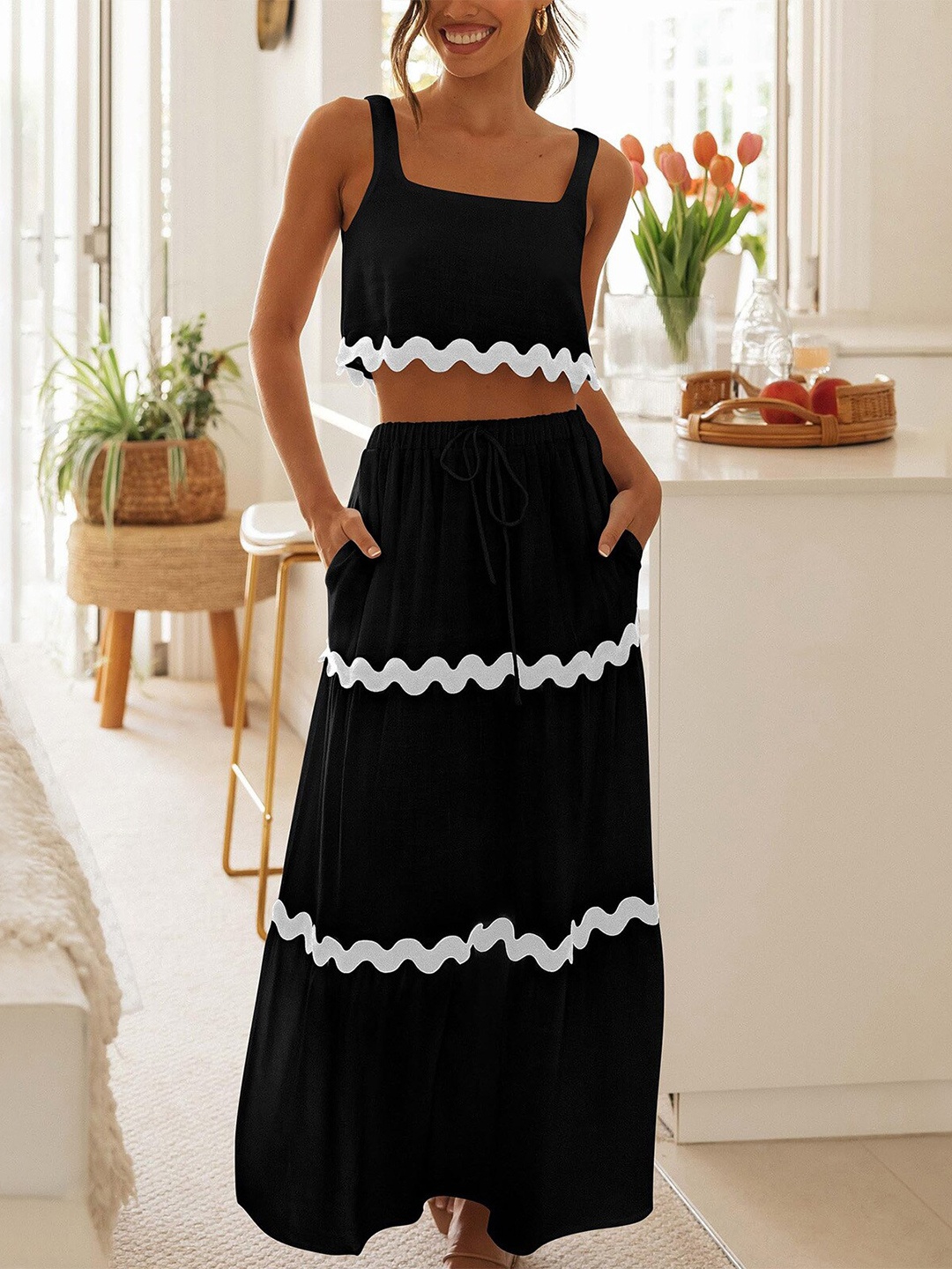 

StyleCast Black Shoulder Straps Crop Top With Skirt