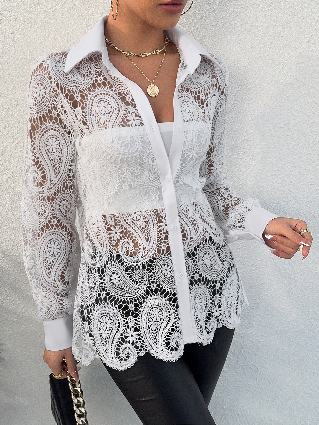 

StyleCast White Ethnic Motifs Semi Sheer Casual Shirt