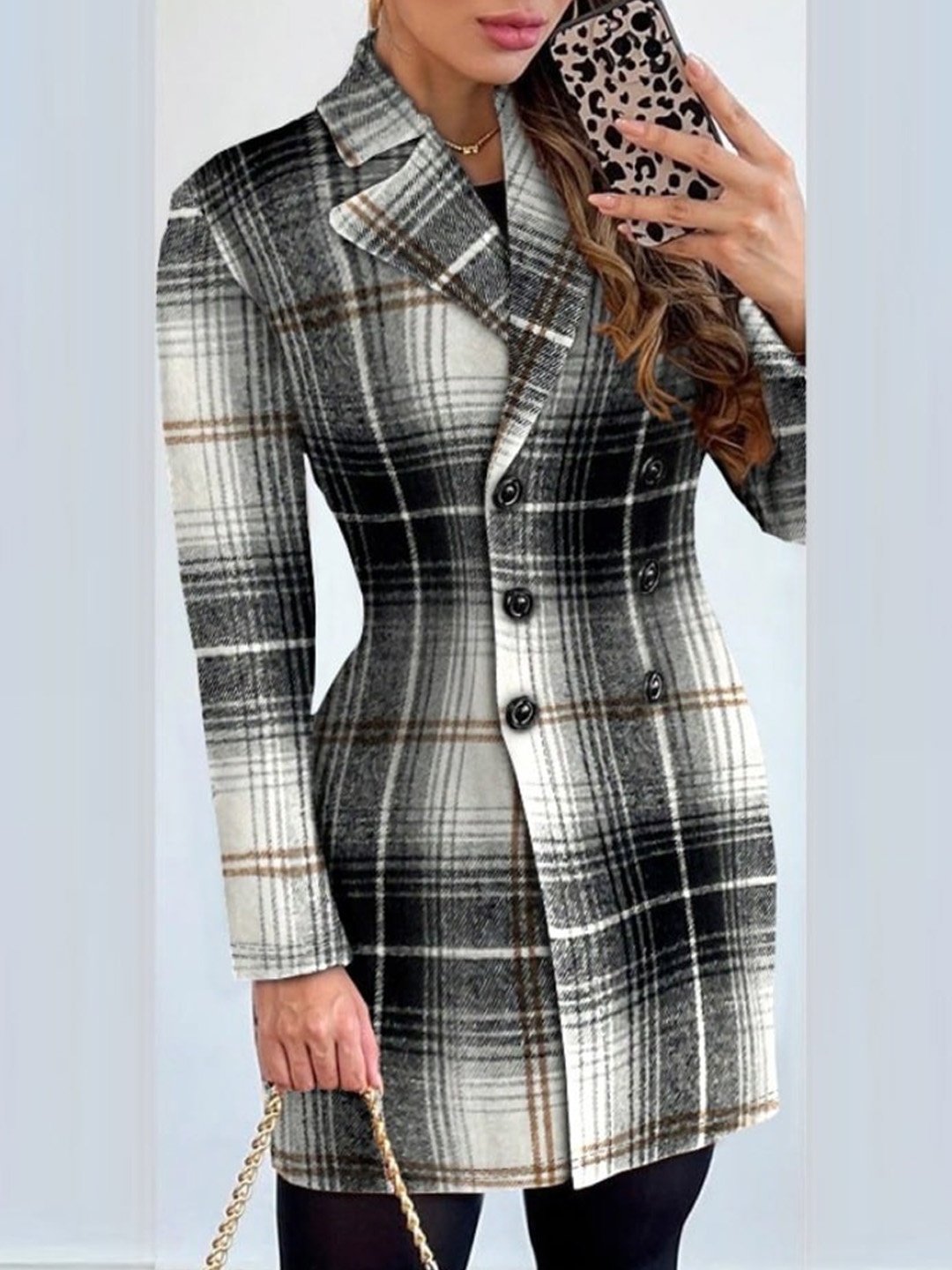 

StyleCast Black Checked Notched Lapel Collar Pea Coat