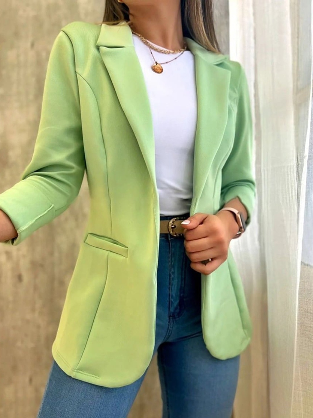 

StyleCast Green Notched Lapel Collar Open Front Blazer