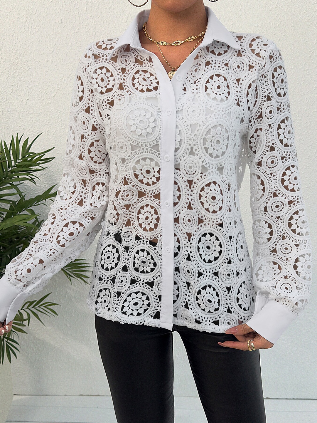 

StyleCast White Floral Printed Spread Collar Semi Sheer Casual Shirt