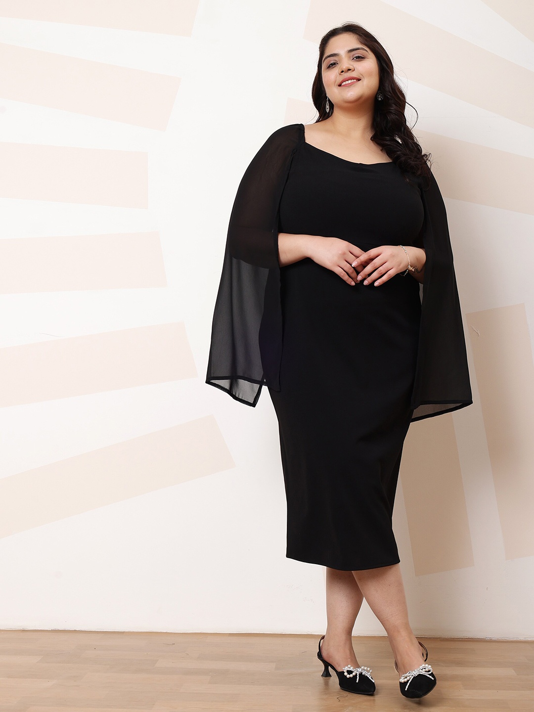 

Athena Ample Plus Size Flared Sleeve Georgette Sheath Casual Dress, Black