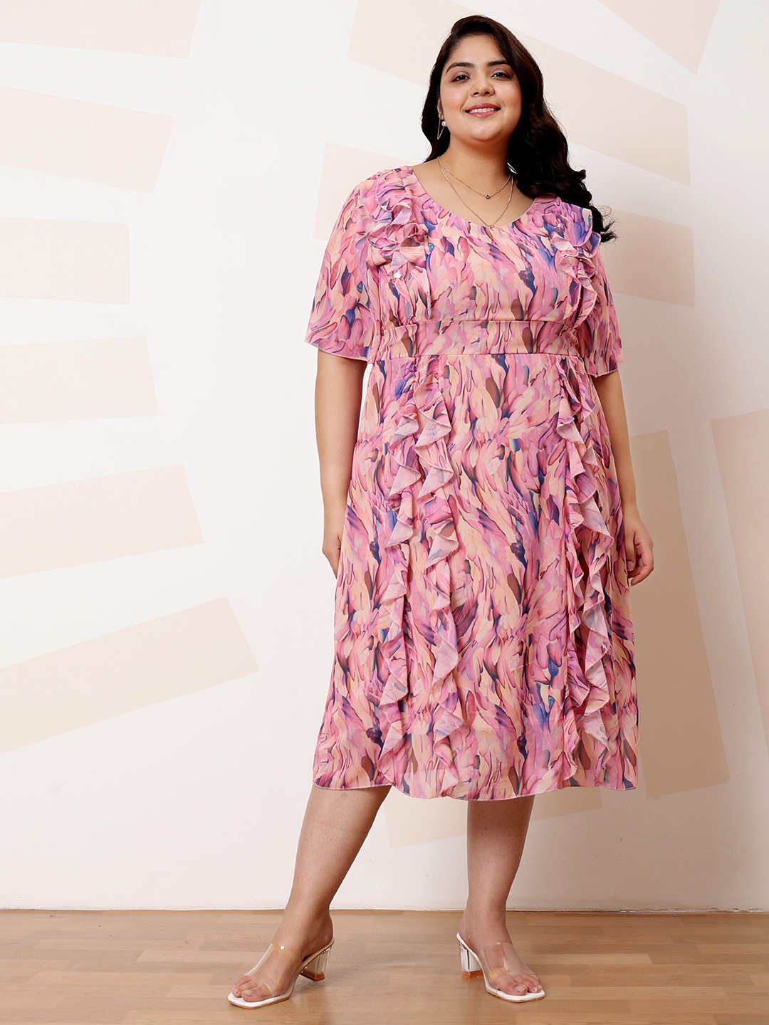 

Athena Ample Plus Size Floral Print Ruffled Georgette A-Line Midi Casual Dress, Pink