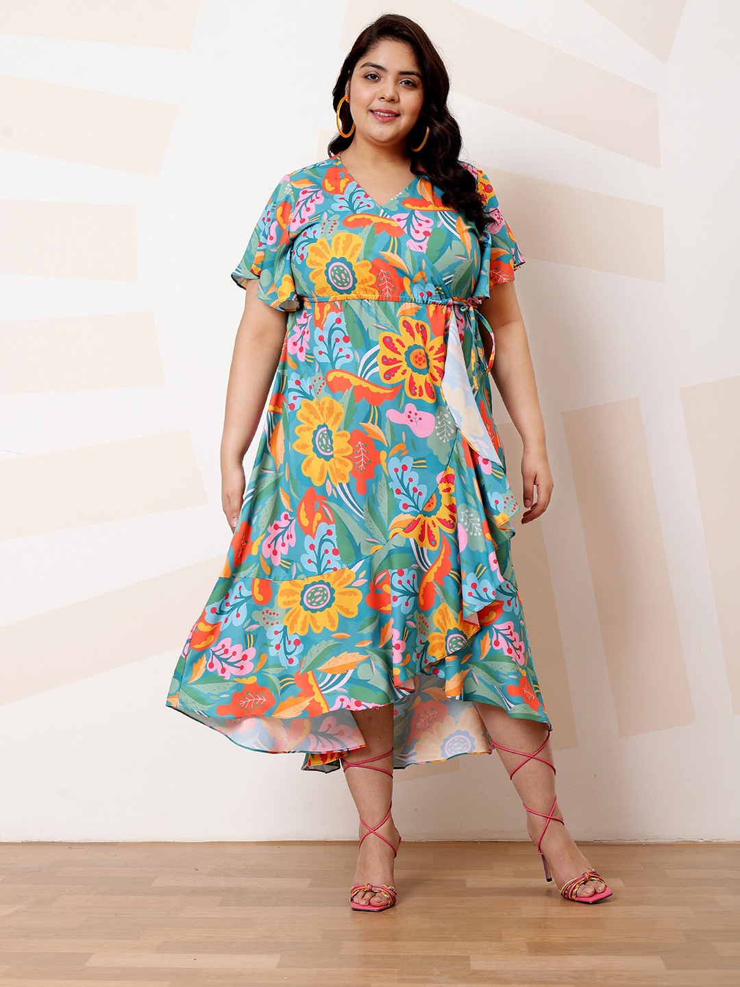 

Athena Ample Plus Size Floral Print Ruffled Crepe A-Line Midi Casual Dress, Green