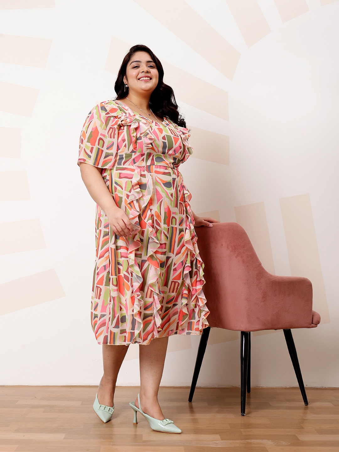 

Athena Ample Plus Size Abstract Print Ruffled Georgette A-Line Midi Casual Dress, Orange