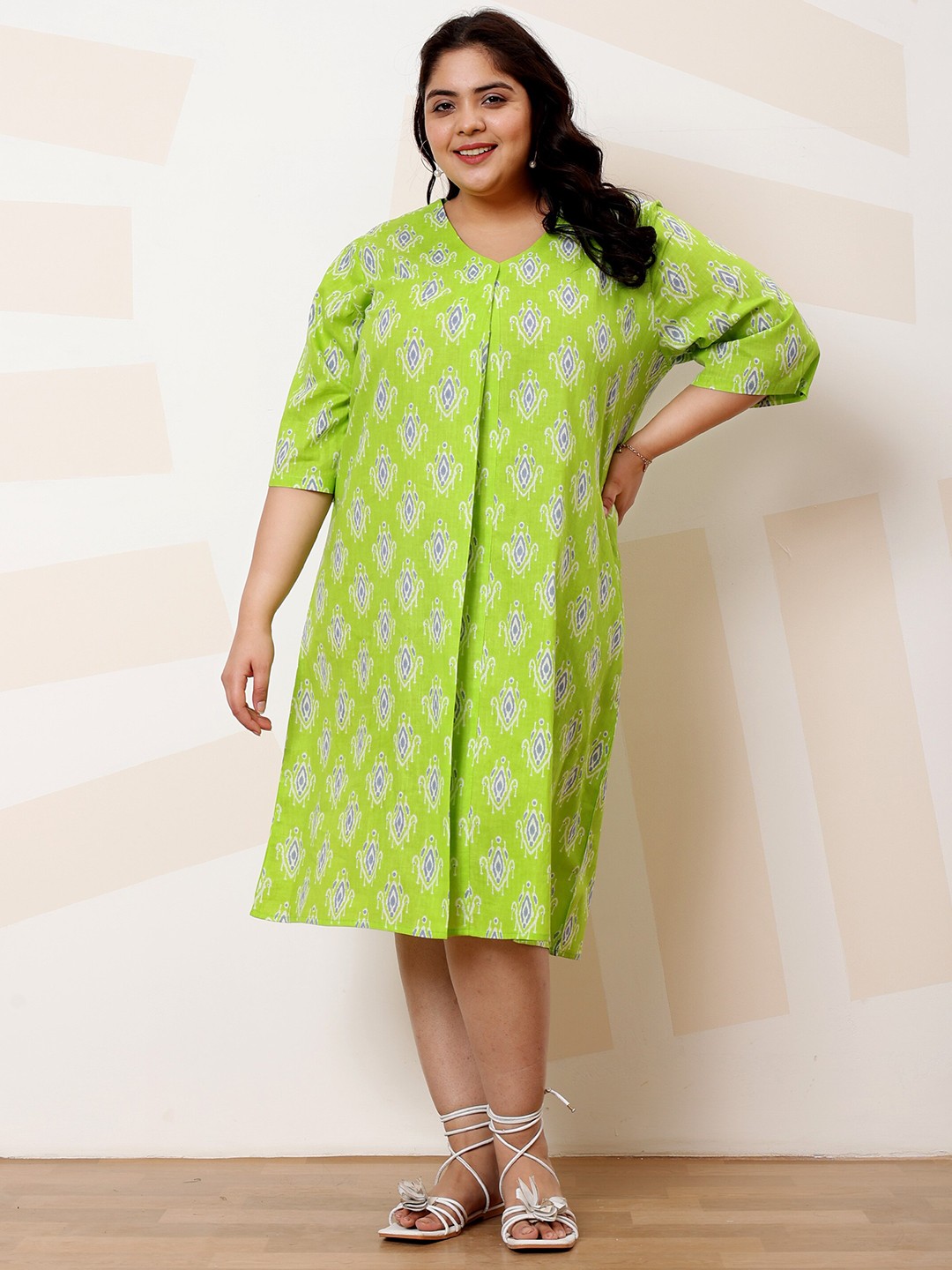 

Athena Ample Plus Size Ethnic Motifs Print Cotton A-Line Casual Dress, Green