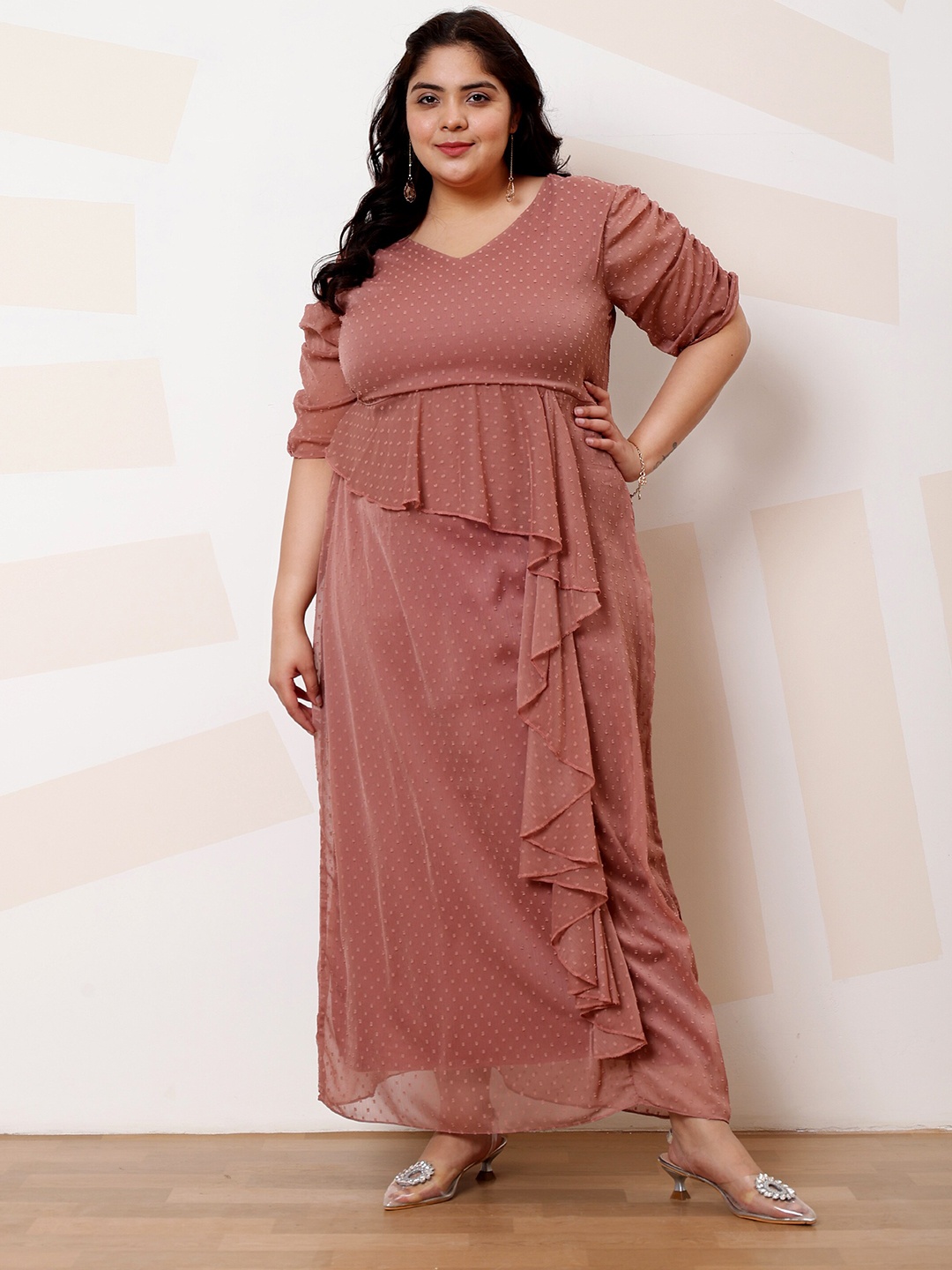 

Athena Ample Plus Size Polka Dot Printed Ruffled Maxi Casual Dress, Brown