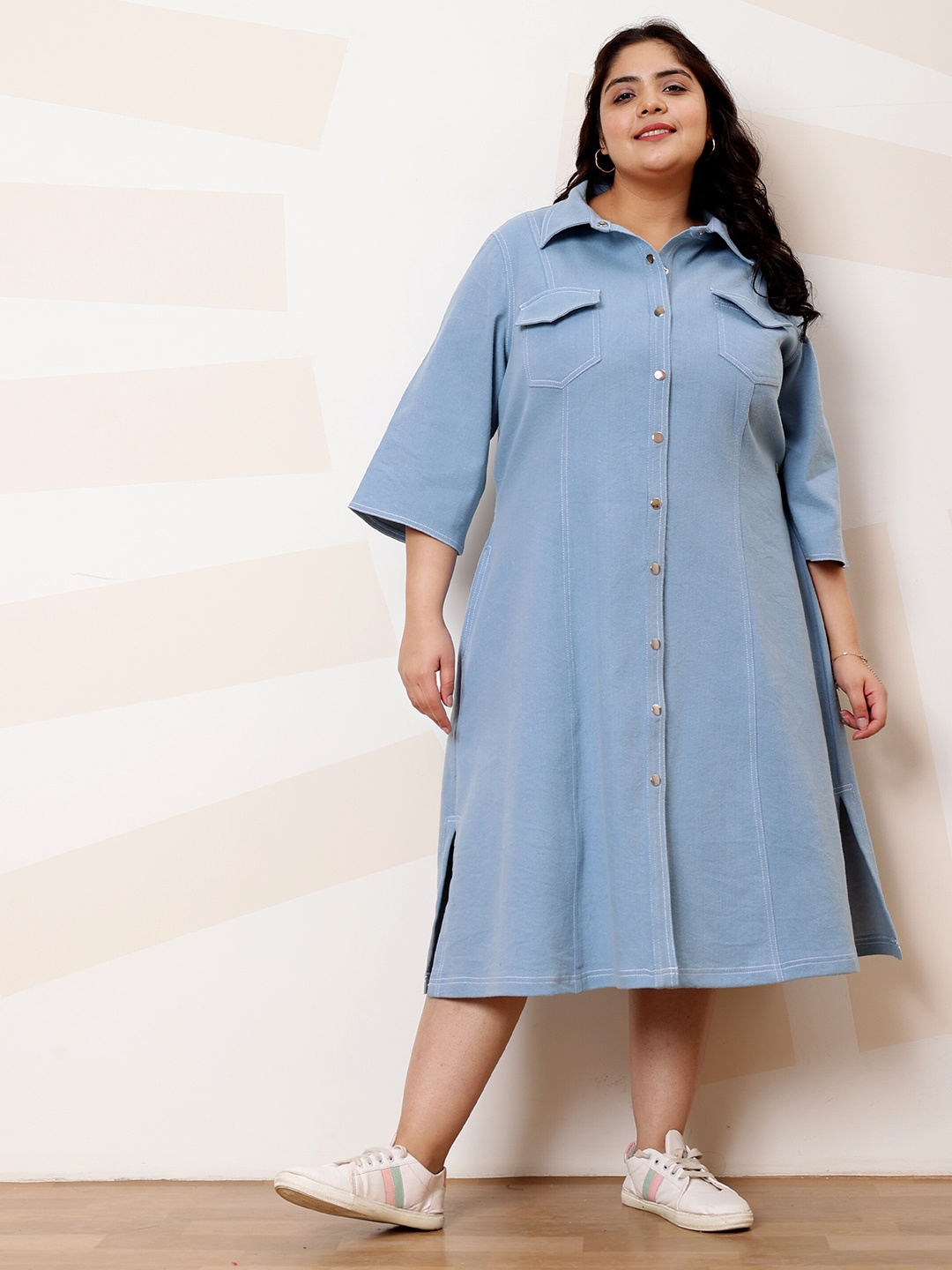 

Athena Ample Plus Size Denim Shirt Collar Shirt Midi Casual Dress, Blue