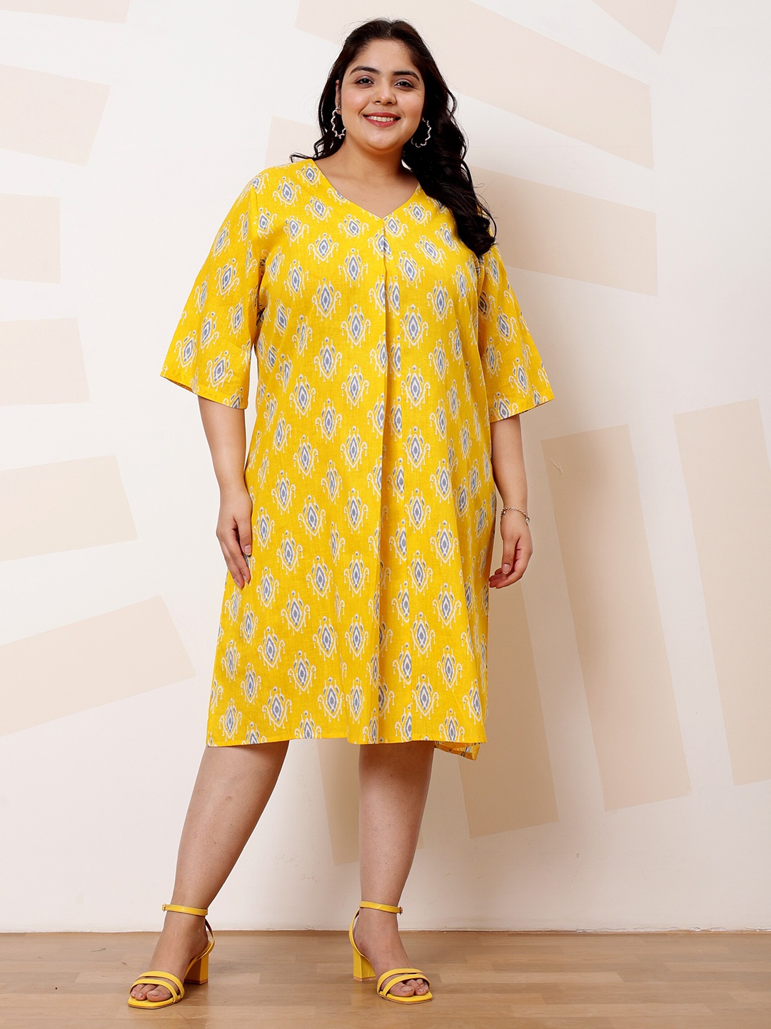 

Athena Ample Plus Size Ethnic Motifs Print Cotton V-Neck A-Line Casual Dress, Yellow