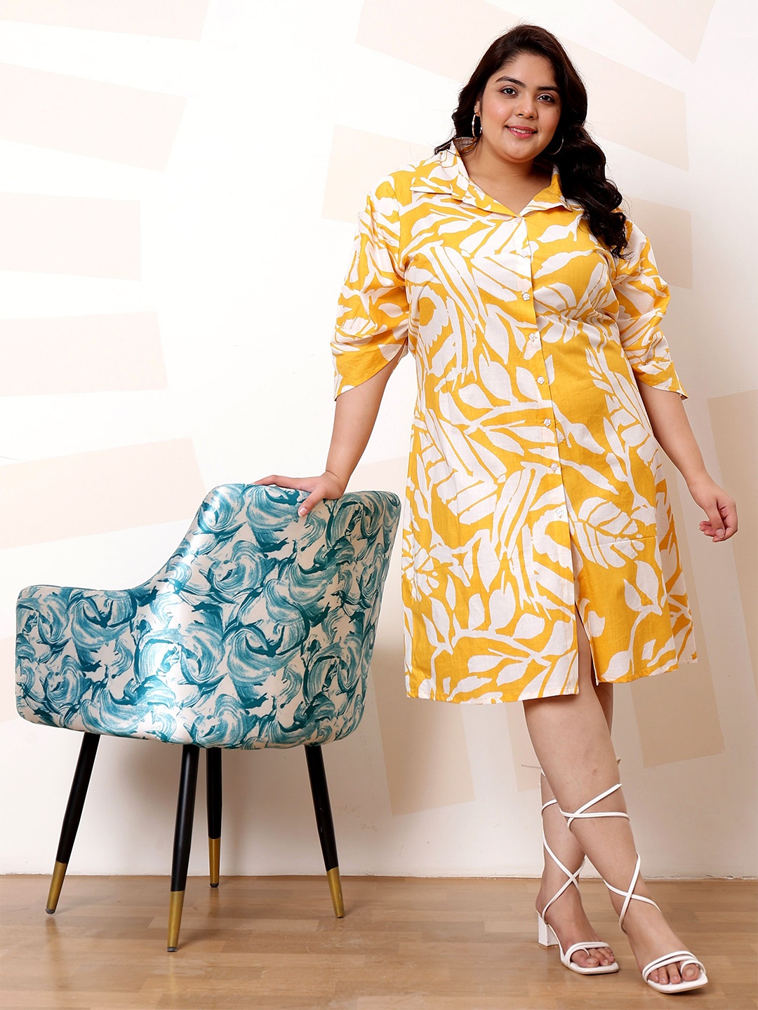 

Athena Ample Plus Size Floral Print Cotton A-Line Casual Dress, Yellow
