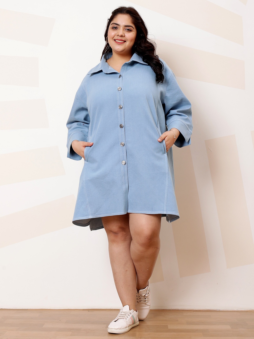 

Athena Ample Plus Size Denim Shirt Collar Shirt Casual Dress, Blue