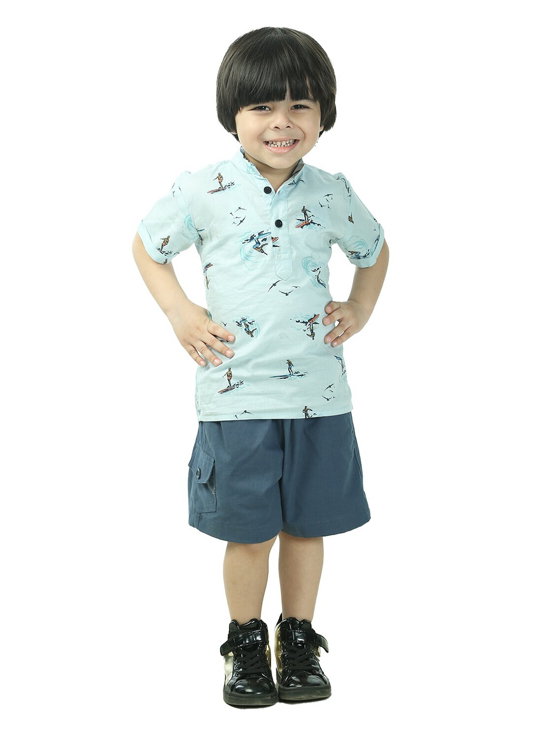 

Freesia Array Boys Standard Conversational Printed Short Sleeves Cotton Casual Shirt, Blue