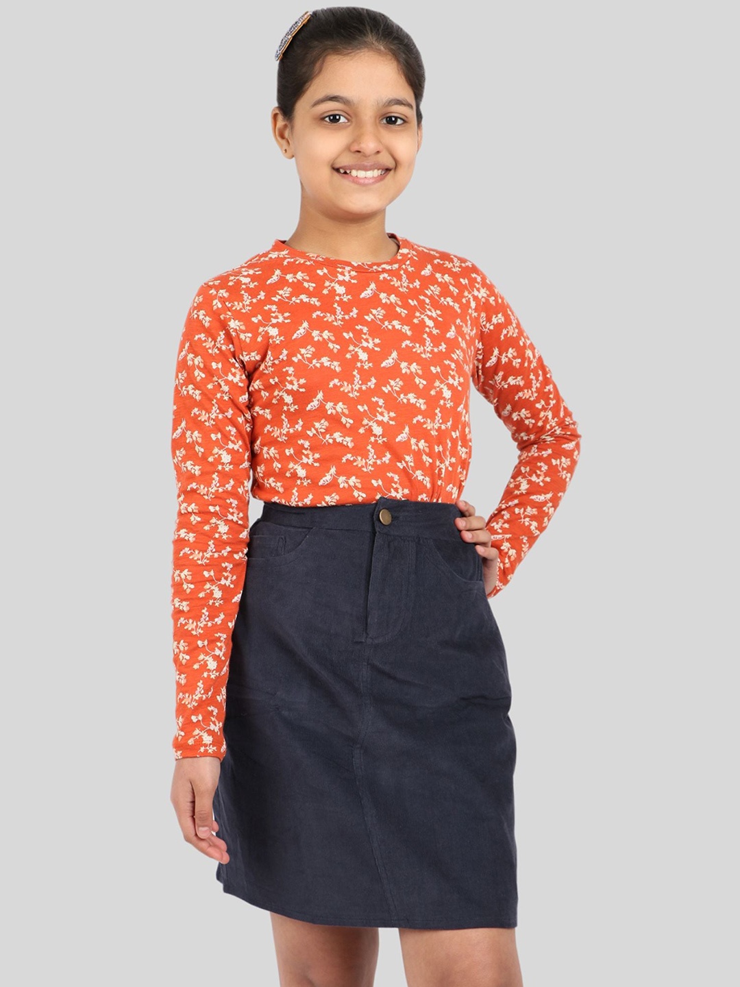 TWEENY MINI Girls Pure Cotton Straight Knee Length Skirt, Blue