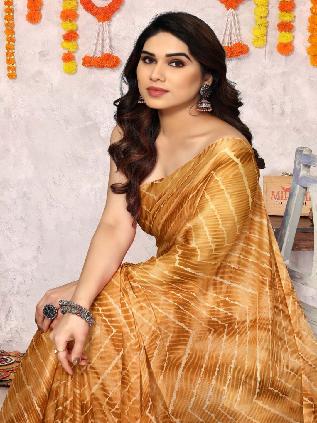 

KALINI Tie and Dye Poly Chiffon Leheriya Saree, Mustard