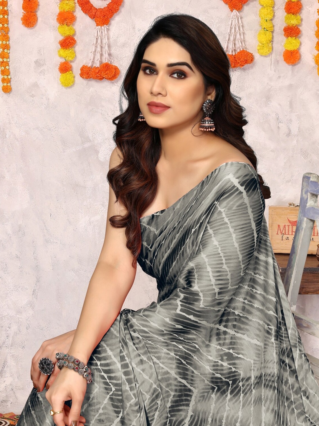 

KALINI Shibori Printed Chiffon Leheriya Saree, Grey