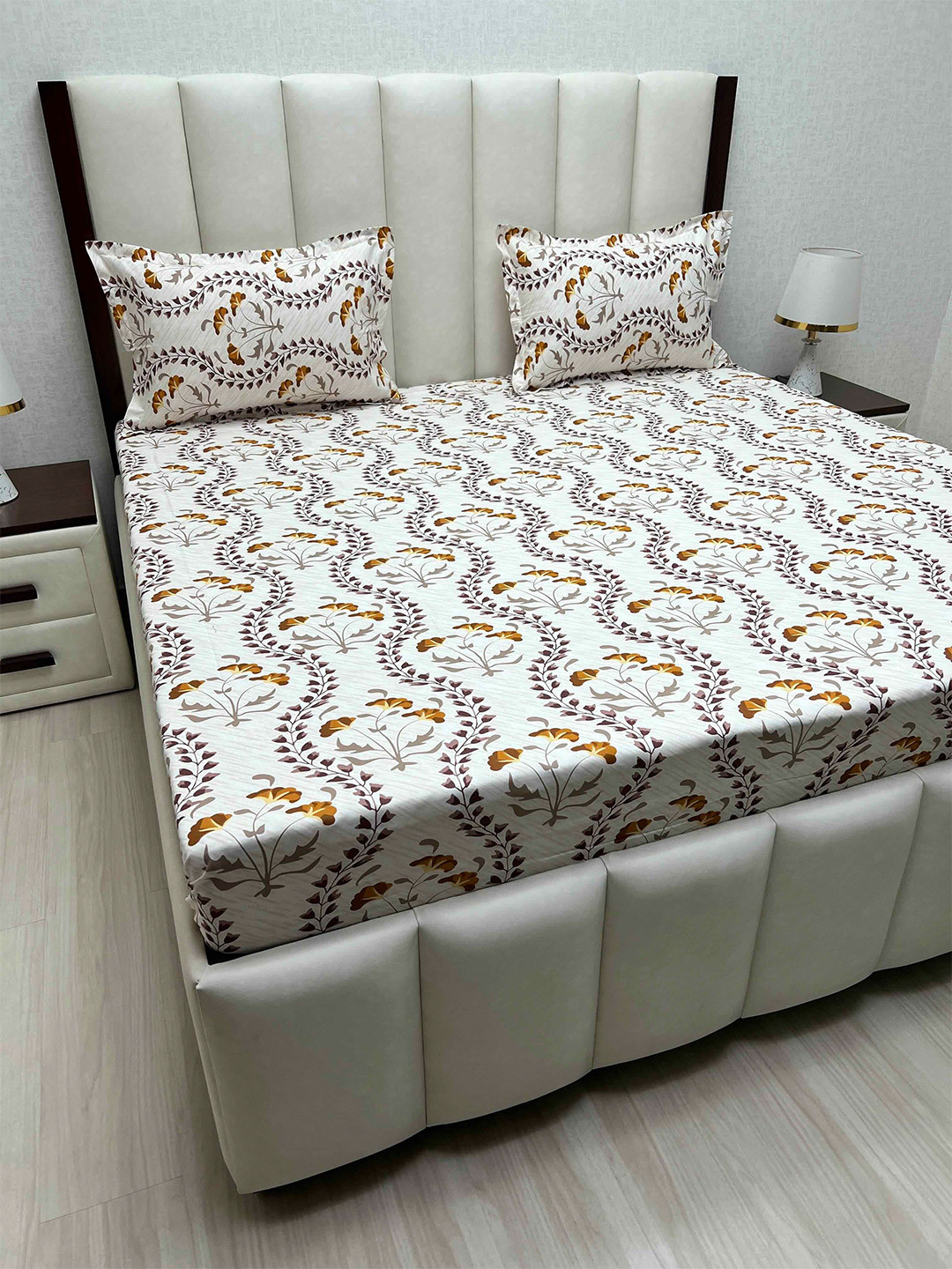 

Pure Decor Brown & Grey Floral Cotton 300 TC King Bedsheet with 2 Pillow Covers